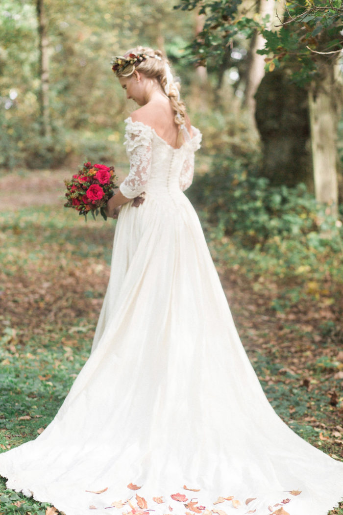 Fine Art Wedding Photography Styled Shoot Woodland Wedding Inspiration Autumn Lilybean Photography back of dress and bridal hair